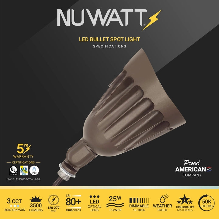 NUWATT 25W LED Bullet Spotlight Flood Light with 3CCT Switch & Knuckle Mount 120-277V Commercial Outdoor Weatherproof Landscape LED, 3500LM, Dimmable, UL-Listed | | Nuwatt Lighting