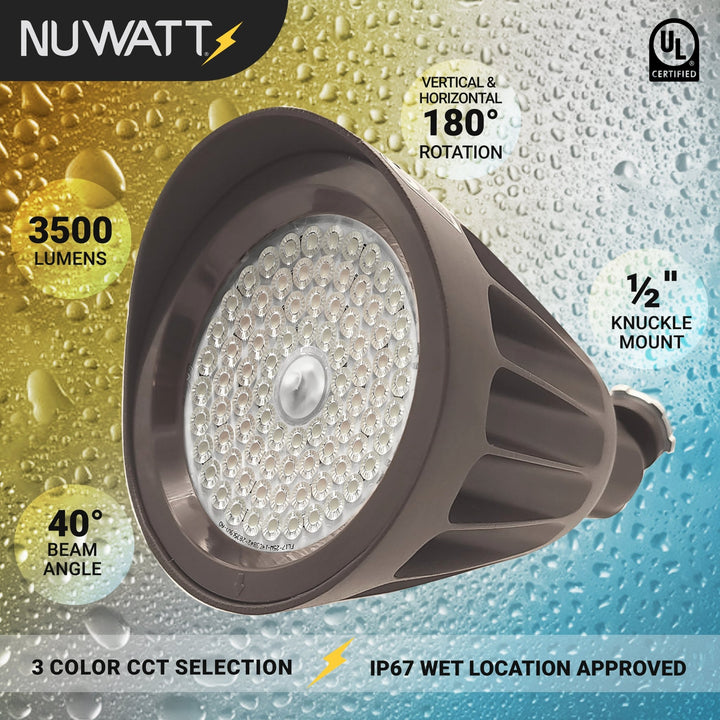 NUWATT 25W LED Bullet Spotlight Flood Light with 3CCT Switch & Knuckle Mount 120-277V Commercial Outdoor Weatherproof Landscape LED, 3500LM, Dimmable, UL-Listed