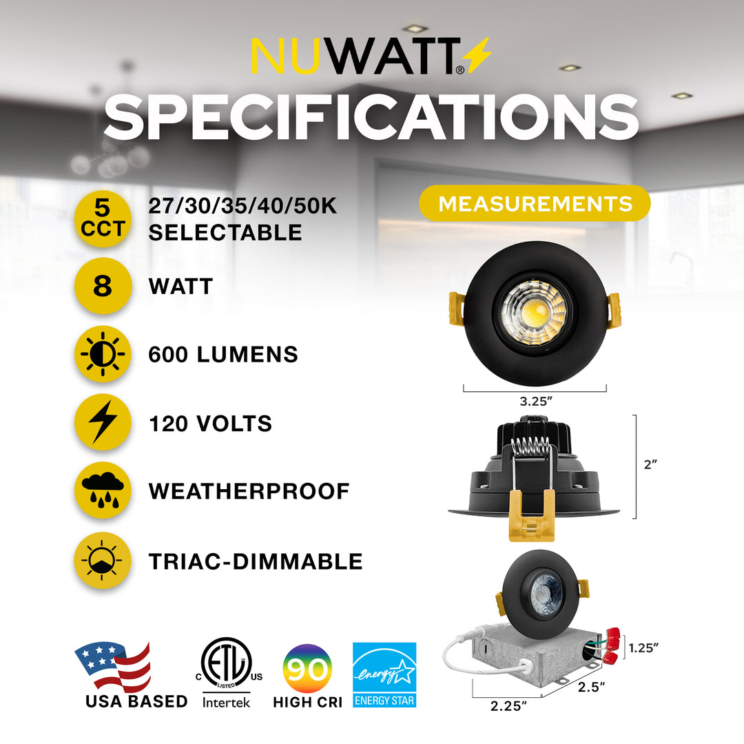 3" Inch Black Recessed LED Gimbal Canless Downlight - 5 Kelvin Temperatures (5CCT) - 8 Watts - 600 Lumens - Dimmable | Canless Gimbal | Nuwatt Lighting