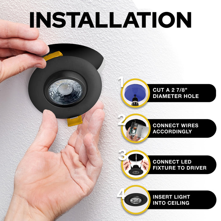 3" Inch Black Recessed LED Gimbal Canless Downlight - 5 Kelvin Temperatures (5CCT) - 8 Watts - 600 Lumens - Dimmable | Canless Gimbal | Nuwatt Lighting