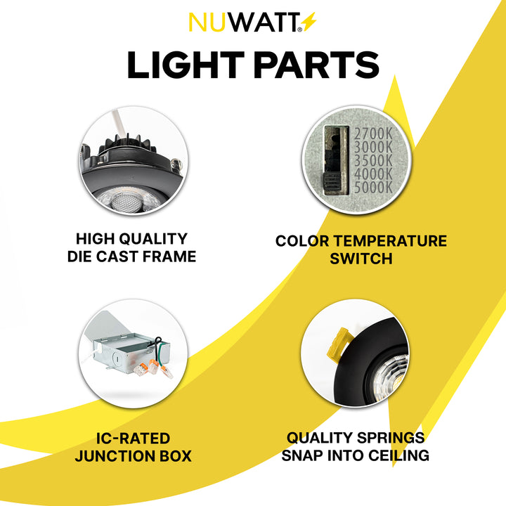 3" Inch Black Recessed LED Gimbal Canless Downlight - 5 Kelvin Temperatures (5CCT) - 8 Watts - 600 Lumens - Dimmable | Canless Gimbal | Nuwatt Lighting