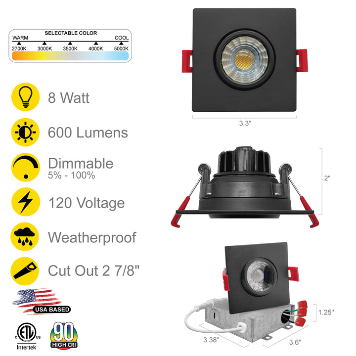 3" Inch Square Black Recessed LED Gimbal Canless Downlight - 5 Kelvin Temperatures (5CCT) - 8 Watts - 600 Lumens - Dimmable | Canless Gimbal | Nuwatt Lighting