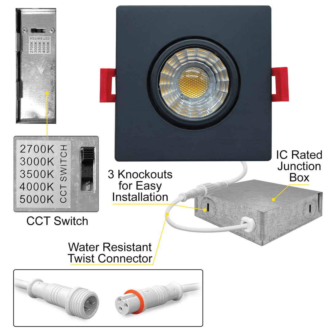 3" Inch Square Black Recessed LED Gimbal Canless Downlight - 5 Kelvin Temperatures (5CCT) - 8 Watts - 600 Lumens - Dimmable | Canless Gimbal | Nuwatt Lighting