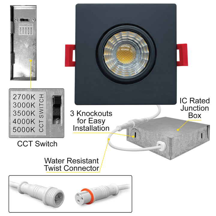 3" Inch Square Black Recessed LED Gimbal Canless Downlight - 5 Kelvin Temperatures (5CCT) - 8 Watts - 600 Lumens - Dimmable | Canless Gimbal | Nuwatt Lighting