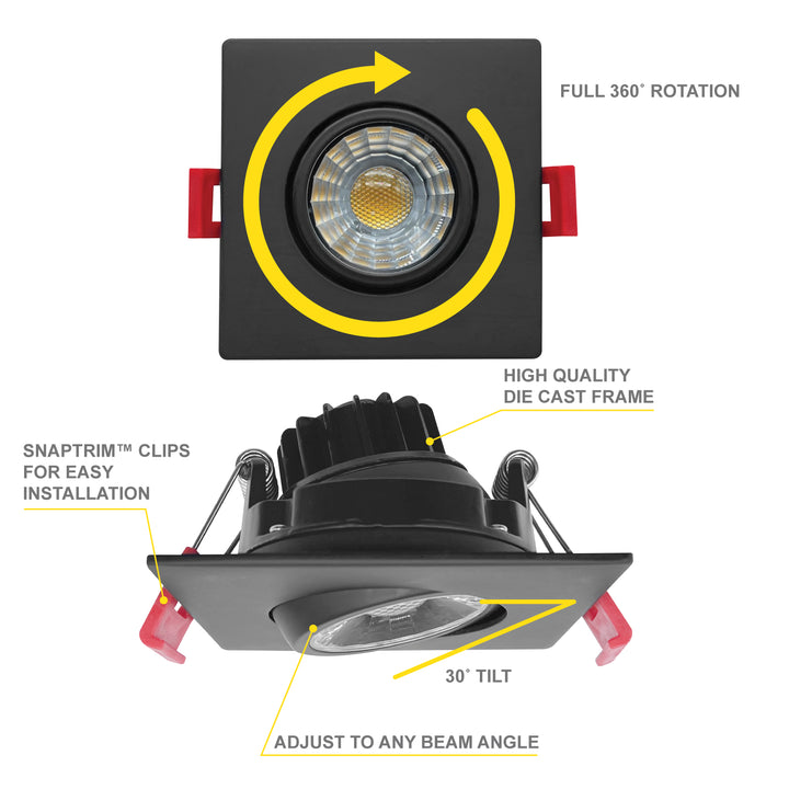 3" Inch Square Black Recessed LED Gimbal Canless Downlight - 5 Kelvin Temperatures (5CCT) - 8 Watts - 600 Lumens - Dimmable | Canless Gimbal | Nuwatt Lighting