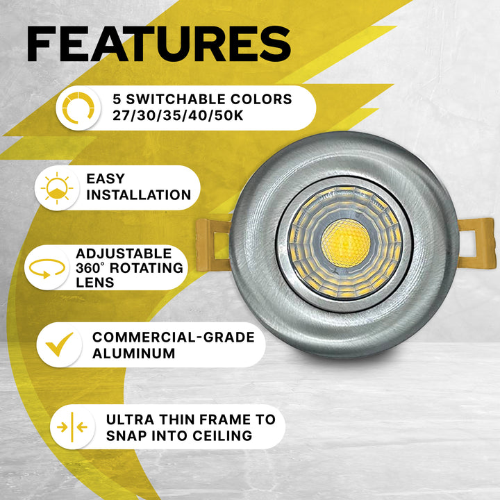 3" Inch Brushed Nickel Recessed LED Gimbal Canless Downlight - 5 Kelvin Temperatures (5CCT) - 8 Watts - 600 Lumens - Dimmable | Canless Gimbal | Nuwatt Lighting