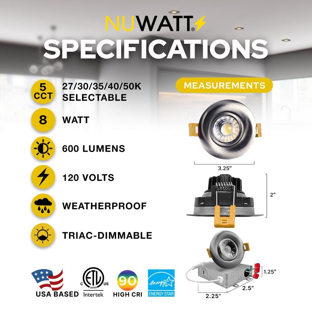 3" Inch Brushed Nickel Recessed LED Gimbal Canless Downlight - 5 Kelvin Temperatures (5CCT) - 8 Watts - 600 Lumens - Dimmable | Canless Gimbal | Nuwatt Lighting