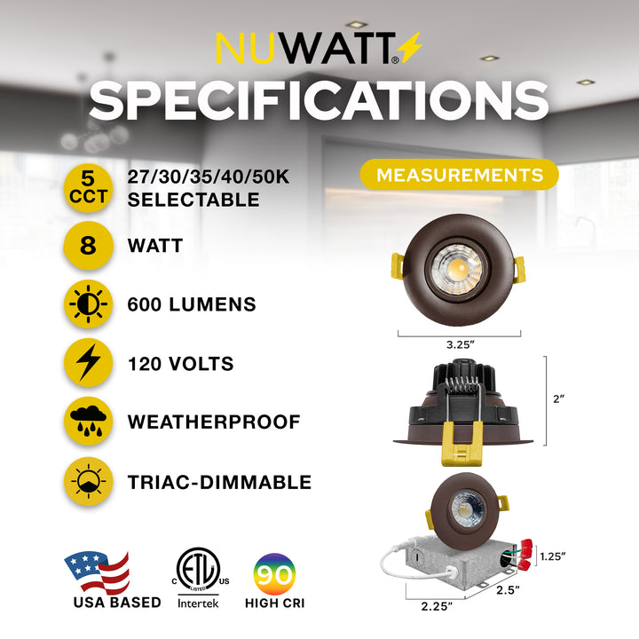 3" Inch Bronze Recessed LED Gimbal Canless Downlight - 5 Kelvin Temperatures (5CCT) - 8 Watts - 600 Lumens - Dimmable | Canless Gimbal | Nuwatt Lighting
