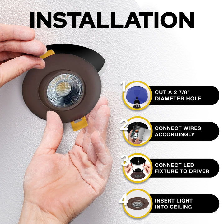 3" Inch Bronze Recessed LED Gimbal Canless Downlight - 5 Kelvin Temperatures (5CCT) - 8 Watts - 600 Lumens - Dimmable | Canless Gimbal | Nuwatt Lighting
