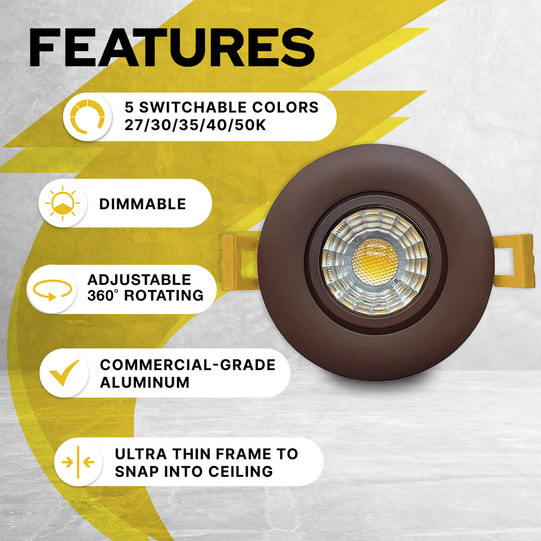 3" Inch Bronze Recessed LED Gimbal Canless Downlight - 5 Kelvin Temperatures (5CCT) - 8 Watts - 600 Lumens - Dimmable | Canless Gimbal | Nuwatt Lighting
