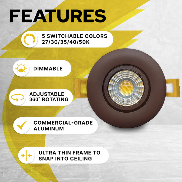 3" Inch Bronze Recessed LED Gimbal Canless Downlight - 5 Kelvin Temperatures (5CCT) - 8 Watts - 600 Lumens - Dimmable | Canless Gimbal | Nuwatt Lighting