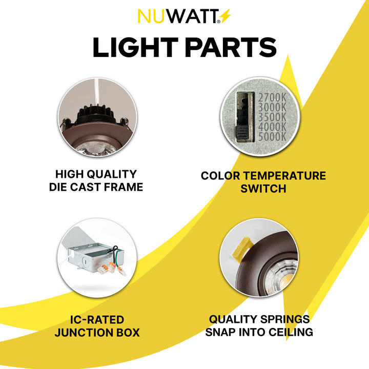 3" Inch Bronze Recessed LED Gimbal Canless Downlight - 5 Kelvin Temperatures (5CCT) - 8 Watts - 600 Lumens - Dimmable | Canless Gimbal | Nuwatt Lighting