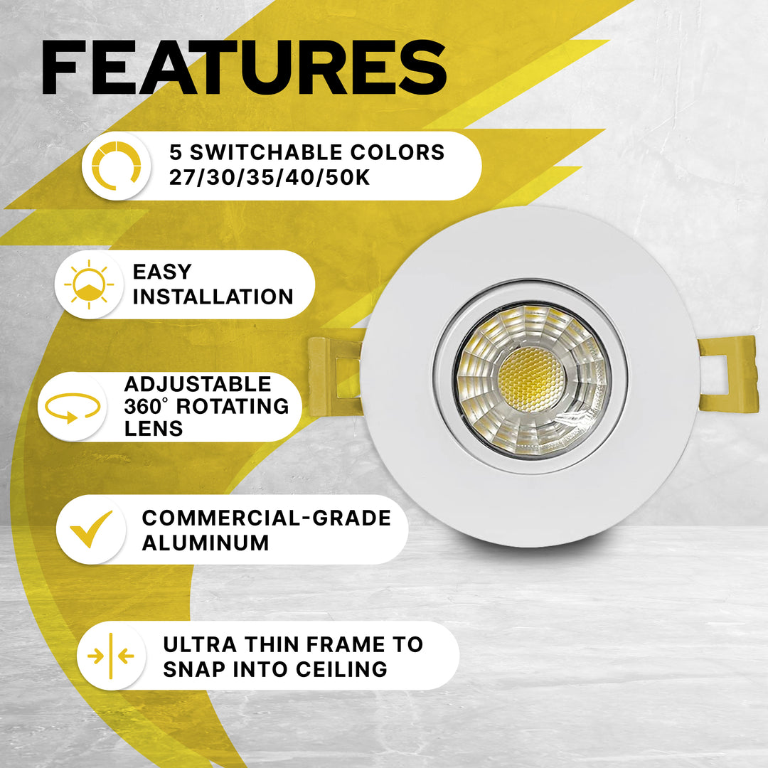 3" Inch White Recessed LED Gimbal Canless Downlight - 5 Kelvin Temperatures (5CCT) - 8 Watts - 600 Lumens - Dimmable | Canless Gimbal | Nuwatt Lighting