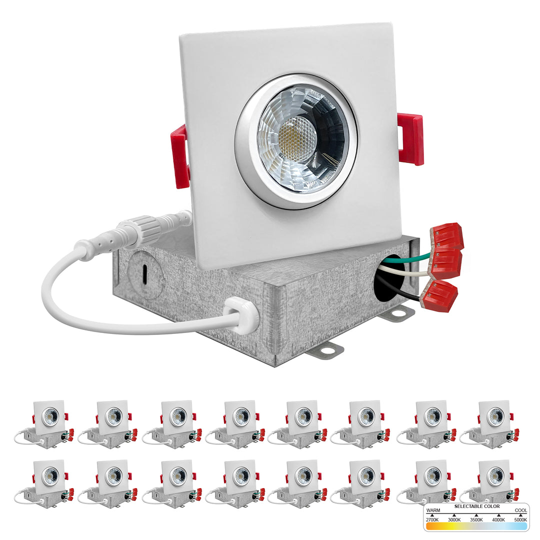 3" Inch Square White Recessed LED Gimbal Canless Downlight - 5 Kelvin Temperatures (5CCT) - 8 Watts - 600 Lumens - Dimmable | Canless Gimbal | Nuwatt Lighting