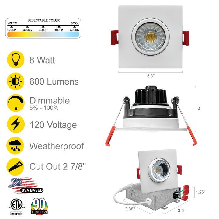 3" Inch Square White Recessed LED Gimbal Canless Downlight - 5 Kelvin Temperatures (5CCT) - 8 Watts - 600 Lumens - Dimmable | Canless Gimbal | Nuwatt Lighting