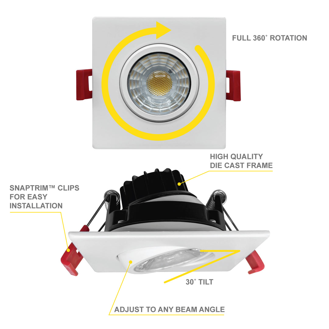 3" Inch Square White Recessed LED Gimbal Canless Downlight - 5 Kelvin Temperatures (5CCT) - 8 Watts - 600 Lumens - Dimmable | Canless Gimbal | Nuwatt Lighting