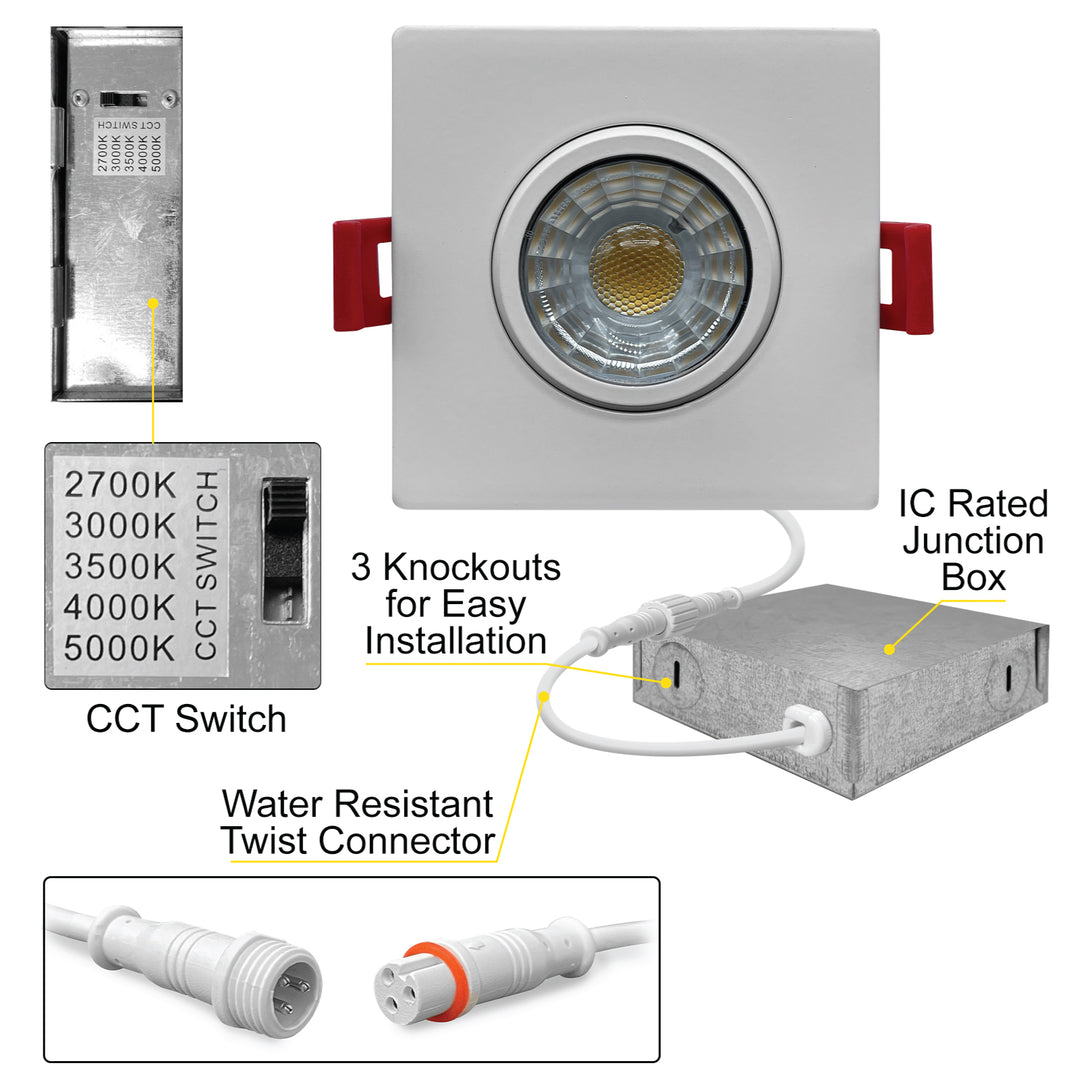 3" Inch Square White Recessed LED Gimbal Canless Downlight - 5 Kelvin Temperatures (5CCT) - 8 Watts - 600 Lumens - Dimmable | Canless Gimbal | Nuwatt Lighting