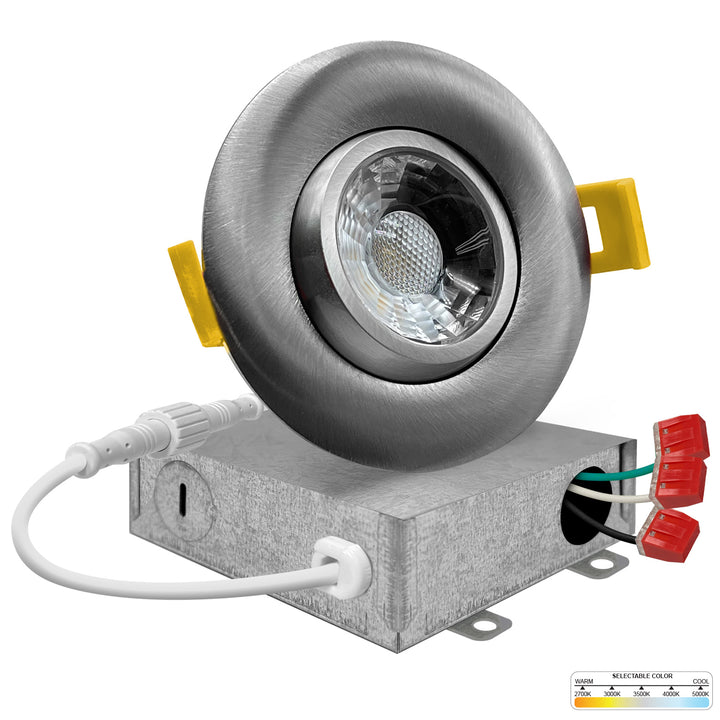 4" Inch Brushed Nickel Recessed LED Gimbal Canless Downlight - 5 Kelvin Temperatures (5CCT) - 12 Watts - 750 Lumens - Dimmable | Canless Gimbal | Nuwatt Lighting