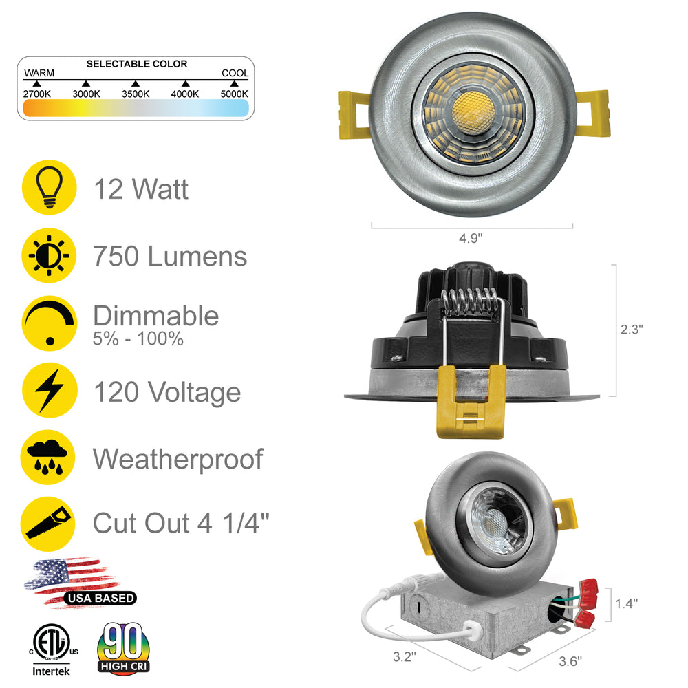 4" Inch Brushed Nickel Recessed LED Gimbal Canless Downlight - 5 Kelvin Temperatures (5CCT) - 12 Watts - 750 Lumens - Dimmable | Canless Gimbal | Nuwatt Lighting