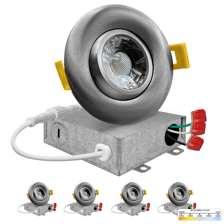 4" Inch Brushed Nickel Recessed LED Gimbal Canless Downlight - 5 Kelvin Temperatures (5CCT) - 12 Watts - 750 Lumens - Dimmable | Canless Gimbal | Nuwatt Lighting