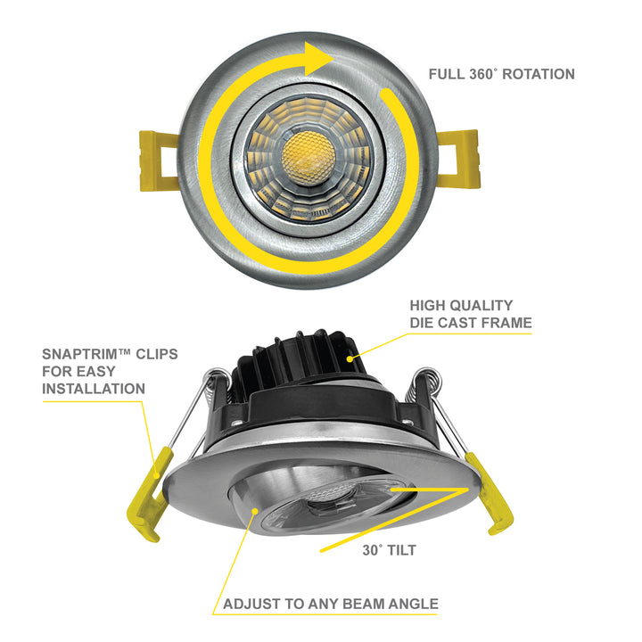 4" Inch Brushed Nickel Recessed LED Gimbal Canless Downlight - 5 Kelvin Temperatures (5CCT) - 12 Watts - 750 Lumens - Dimmable | Canless Gimbal | Nuwatt Lighting