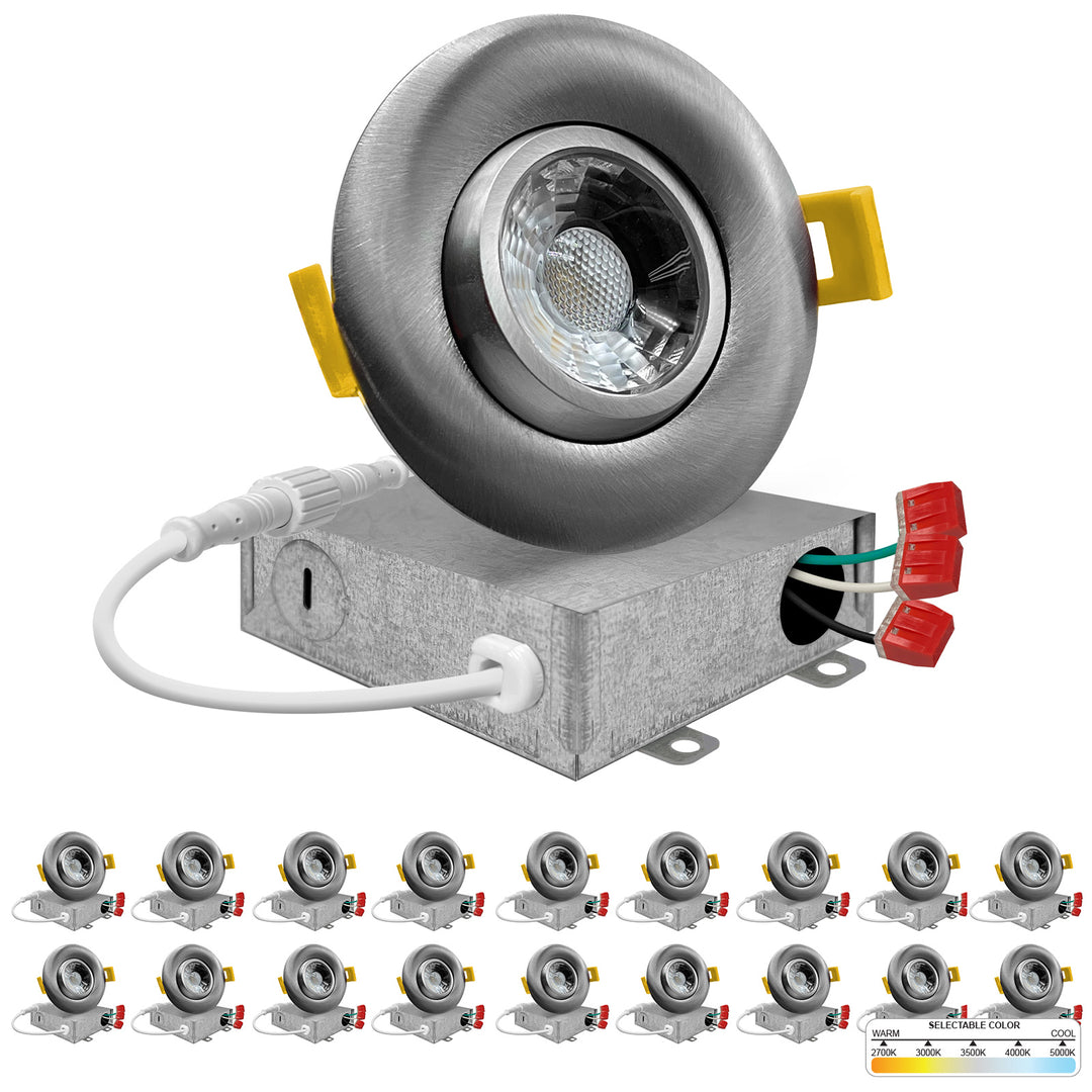 4" Inch Brushed Nickel Recessed LED Gimbal Canless Downlight - 5 Kelvin Temperatures (5CCT) - 12 Watts - 750 Lumens - Dimmable | Canless Gimbal | Nuwatt Lighting