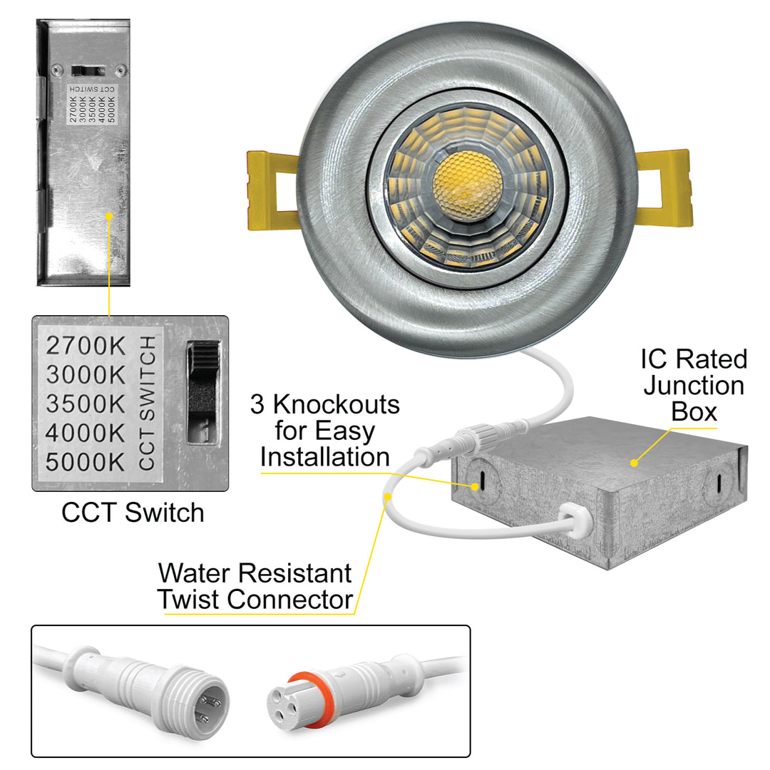 4" Inch Brushed Nickel Recessed LED Gimbal Canless Downlight - 5 Kelvin Temperatures (5CCT) - 12 Watts - 750 Lumens - Dimmable | Canless Gimbal | Nuwatt Lighting