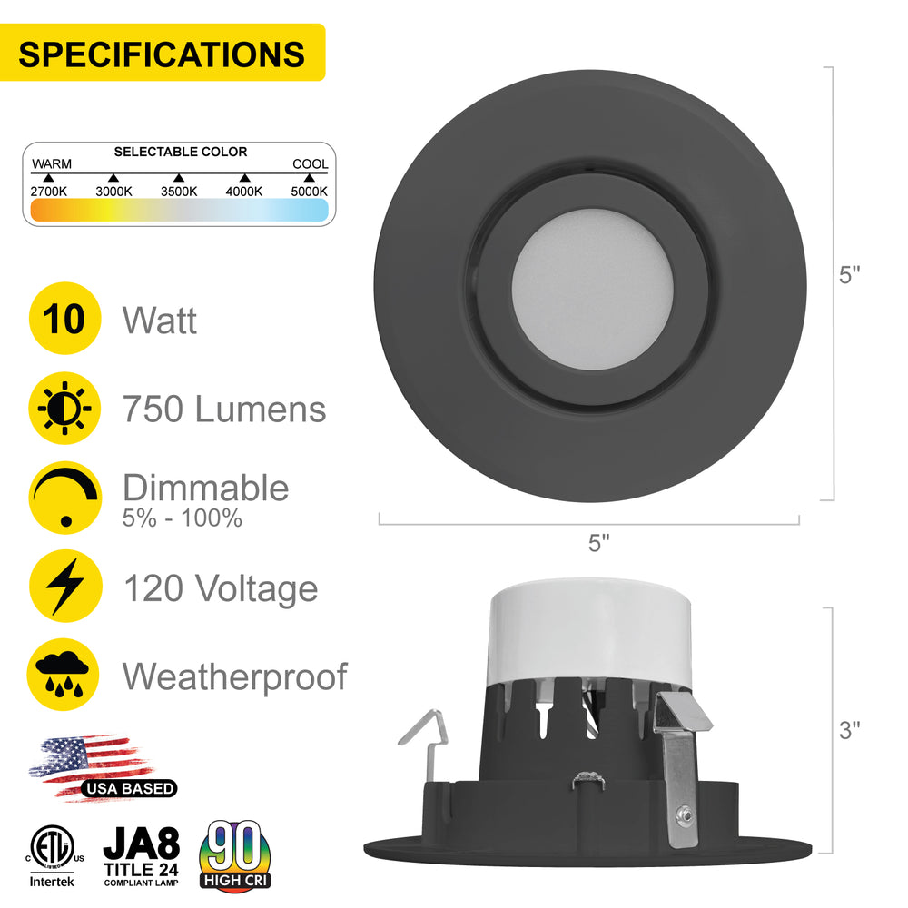 4" Inch Black Retrofit Adjustable Recessed Downlight - 5 Kelvin Temperatures (5CCT) - 10 Watts - 750 Lumens - Dimmable | Adjustable Downlights | Nuwatt Lighting