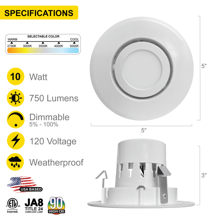 4'' Inch White Retrofit Adjustable Recessed Downlight - 5 Kelvin Temperatures (5CCT) - 10 Watts - 750 Lumens - Dimmable | Adjustable Downlights | Nuwatt Lighting