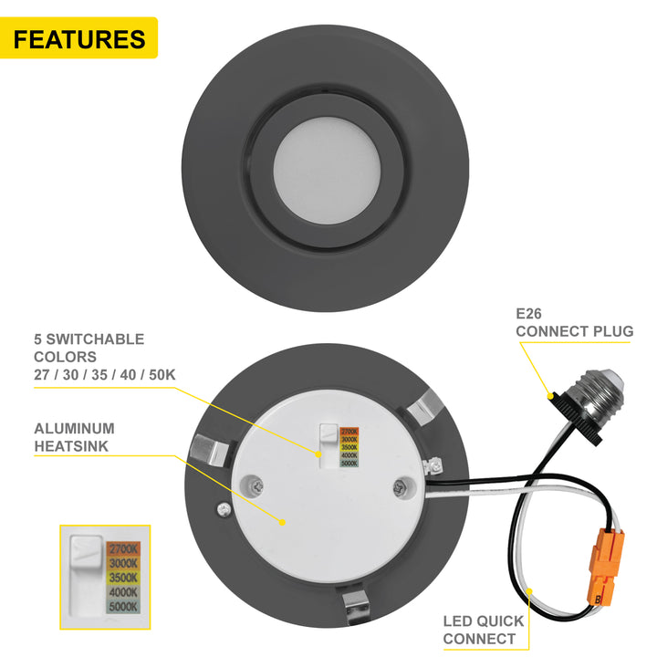 4" Inch Black Retrofit Adjustable Recessed Downlight - 5 Kelvin Temperatures (5CCT) - 10 Watts - 750 Lumens - Dimmable | Adjustable Downlights | Nuwatt Lighting