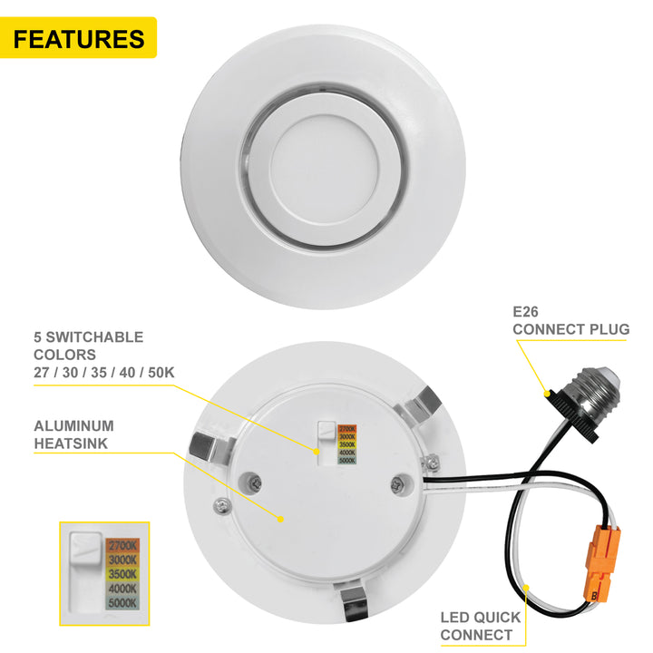 4'' Inch White Retrofit Adjustable Recessed Downlight - 5 Kelvin Temperatures (5CCT) - 10 Watts - 750 Lumens - Dimmable | Adjustable Downlights | Nuwatt Lighting