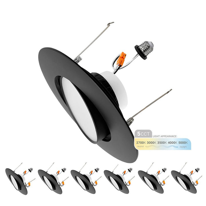 6" Inch Black Retrofit Adjustable LED Recessed Downlight - 5 Kelvin Temperatures (5CCT) - 16.5 Watt - 1200 Lumens - Dimmable | Adjustable Downlights | Nuwatt Lighting