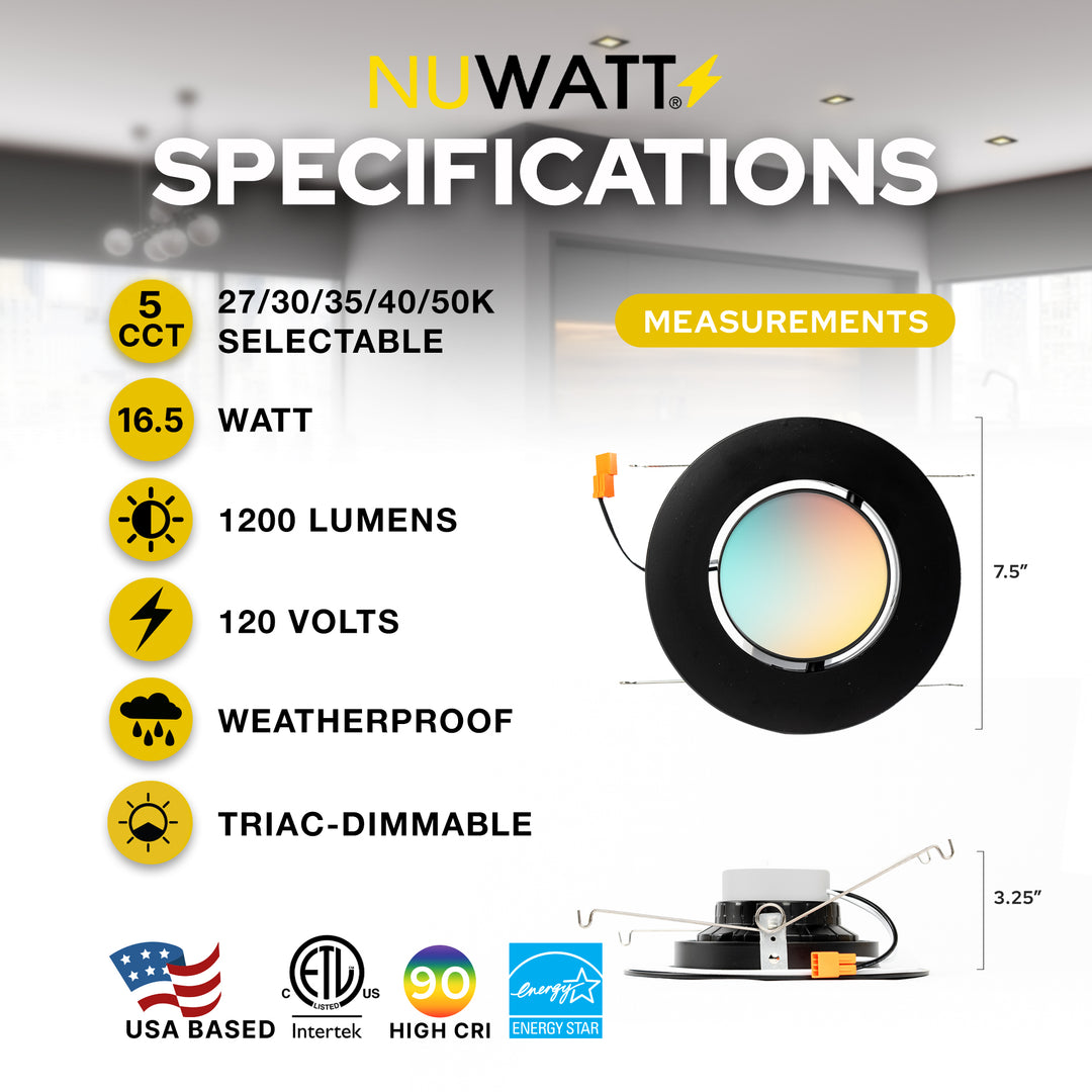 6" Inch Black Retrofit Adjustable LED Recessed Downlight - 5 Kelvin Temperatures (5CCT) - 16.5 Watt - 1200 Lumens - Dimmable | Adjustable Downlights | Nuwatt Lighting