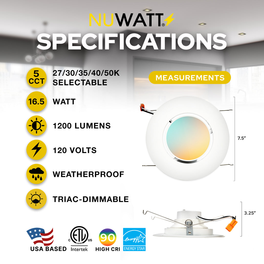 6" Inch White Retrofit Adjustable LED Recessed Downlight - 5 Kelvin Temperatures (5CCT) - 16.5 Watt - 1200 Lumens - Dimmable | Adjustable Downlights | Nuwatt Lighting