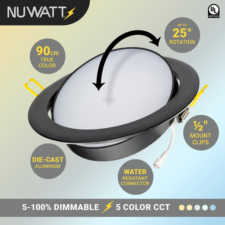 6" Inch Black Adjustable Round Slim Recessed LED Ceiling Light - 5 Kelvin Temperatures (5CCT) - 12 Watt - 900 Lumens - Dimmable | Adjustable Downlights | Nuwatt Lighting