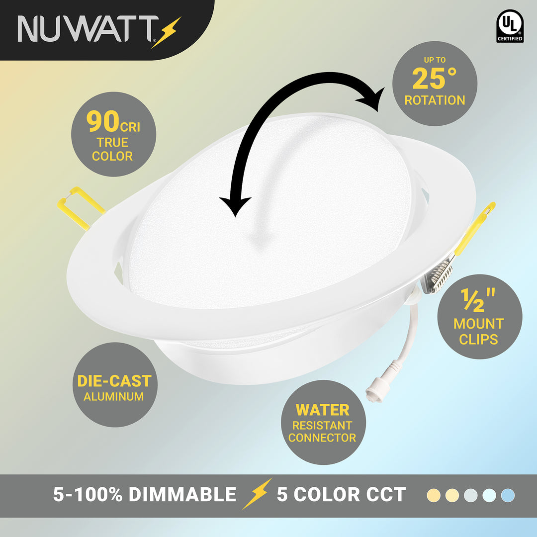 6" Inch White Adjustable Round Recessed LED Ceiling Light - 5 Kelvin Temperatures (5CCT) - 12 Watt - 900 Lumens - Dimmable | Adjustable Downlights | Nuwatt Lighting