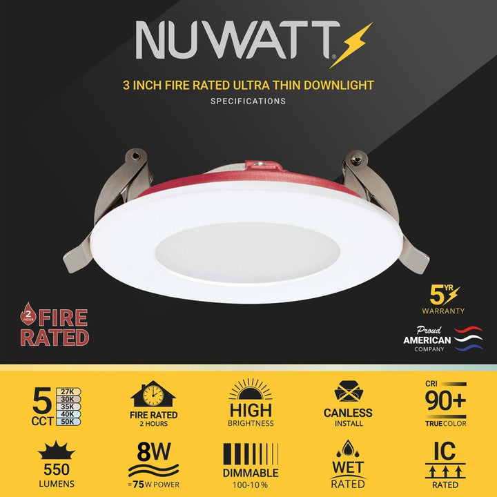 3" Inch 2 Hour Fire Rated Ultra-Thin LED Recessed Light - 5CCT 2700K/3000K/3500K/4000K/5000K Selectable - 500LM - 8W - Dimmable - IC Rated - Wet Rated Canless Wafer Downlight - No Fire Cone Needed