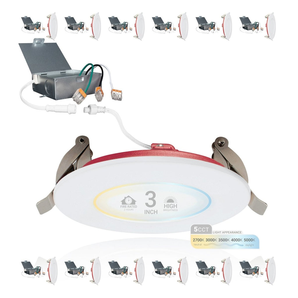 3" Inch 2 Hour Fire Rated Recessed Light Slim Canless LED Wafer Lights - Wet Rated - 5CCT 2700K-5000K - 550LM