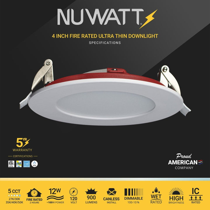 NUWATT 4 Inch 2 Hour FIRE RATED Ultra-Thin LED Recessed Light - 2700K/3000K/3500K/4000K/5000K Selectable - 900 Lumens - Dimmable - IC Rated - Wet Rated - Canless LED Downlight - No Fire Rated Cone Needed