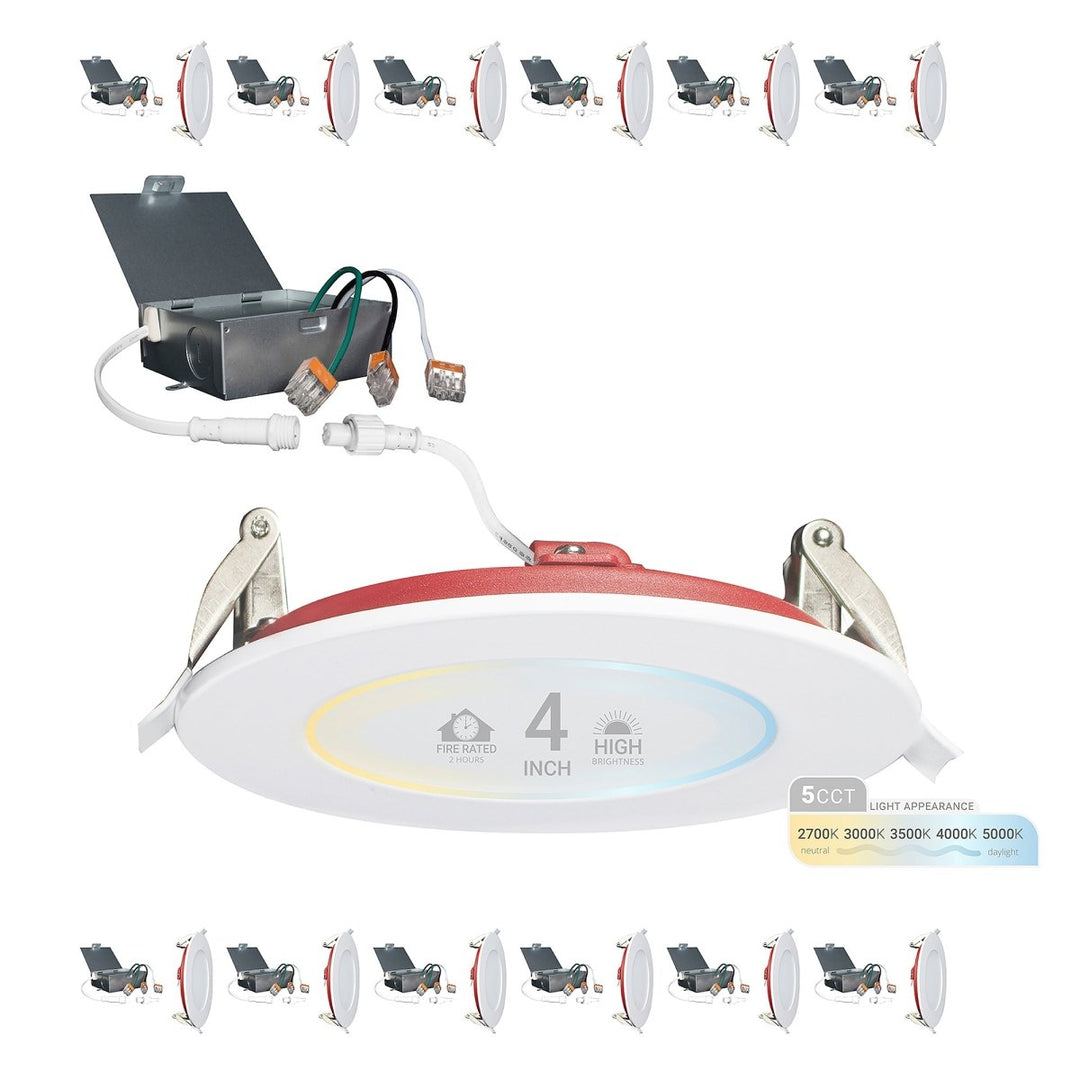 NUWATT 4 Inch 2 Hour FIRE RATED Ultra-Thin LED Recessed Light - 2700K/3000K/3500K/4000K/5000K Selectable - 900 Lumens - Dimmable - IC Rated - Wet Rated - Canless LED Downlight - No Fire Rated Cone Needed