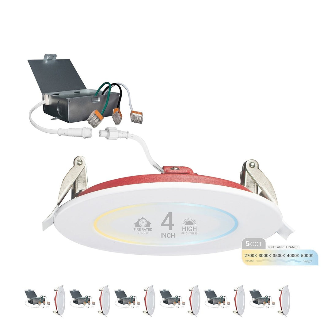 NUWATT 4 Inch 2 Hour FIRE RATED Ultra-Thin LED Recessed Light - 2700K/3000K/3500K/4000K/5000K Selectable - 900 Lumens - Dimmable - IC Rated - Wet Rated - Canless LED Downlight - No Fire Rated Cone Needed