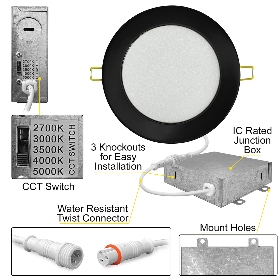 4" Inch Black Round Slim Recessed LED Ceiling Lights - 5 Kelvin Temperatures (5CCT) - 9 Watts - 600 Lumens - Dimmable | Panel Recessed Light | Nuwatt Lighting