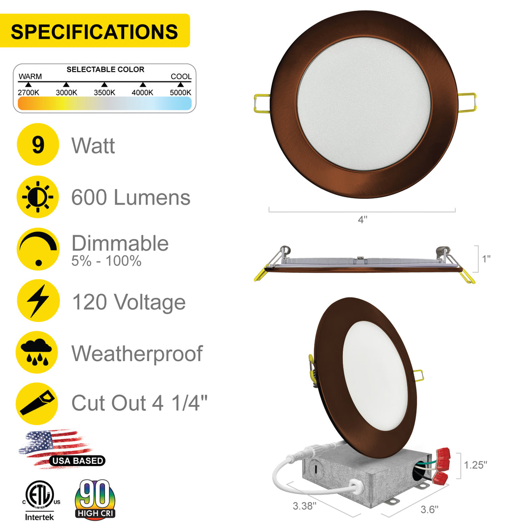 4" Inch Bronze Round Slim Recessed LED Ceiling Lights - 5 Kelvin Temperatures (5CCT) - 9 Watts - 600 Lumens - Dimmable | Panel Recessed Light | Nuwatt Lighting