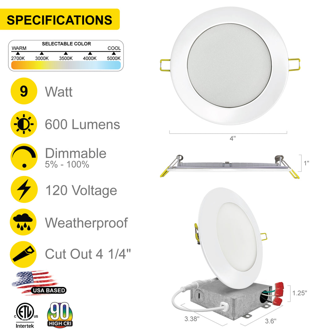 4" Inch White Round Slim Recessed LED Ceiling Lights - 5 Kelvin Temperatures (5CCT) - 9 Watts - 600 Lumens - Dimmable | Panel Recessed Light | Nuwatt Lighting