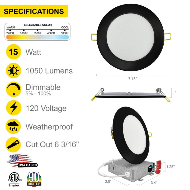 6" Inch Black Round Slim Recessed LED Ceiling Light - 90 Minute Emergency Battery Back Up - 5 Kelvin Temperatures (5CCT) - 15 Watt - 1050 Lumens - Dimmable