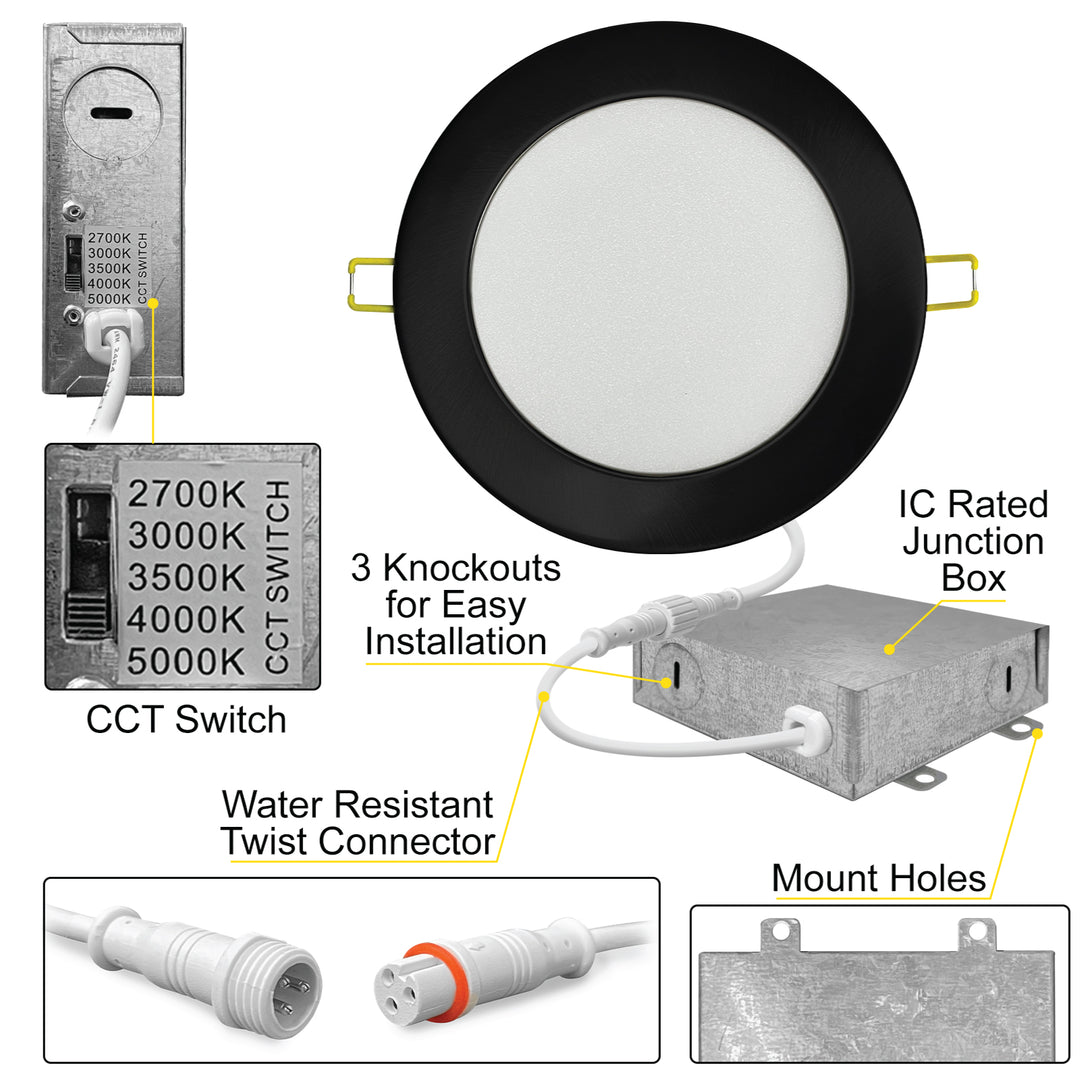 6" Inch Black Round Slim Recessed LED Ceiling Light - 5 Kelvin Temperatures (5CCT) - 15 Watt - 1050 Lumens - Dimmable | Panel Recessed Light | Nuwatt Lighting
