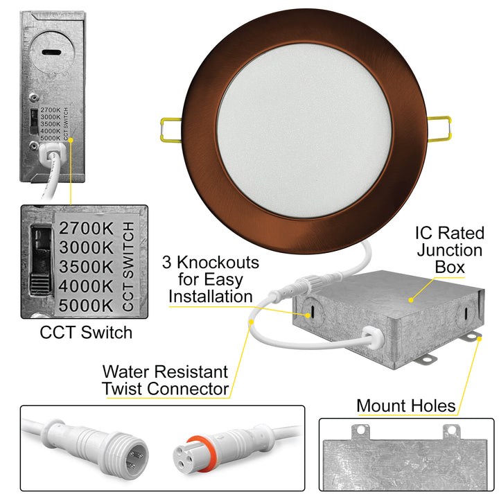 4" Inch Bronze Round Slim Recessed LED Ceiling Lights - 5 Kelvin Temperatures (5CCT) - 9 Watts - 600 Lumens - Dimmable | Panel Recessed Light | Nuwatt Lighting