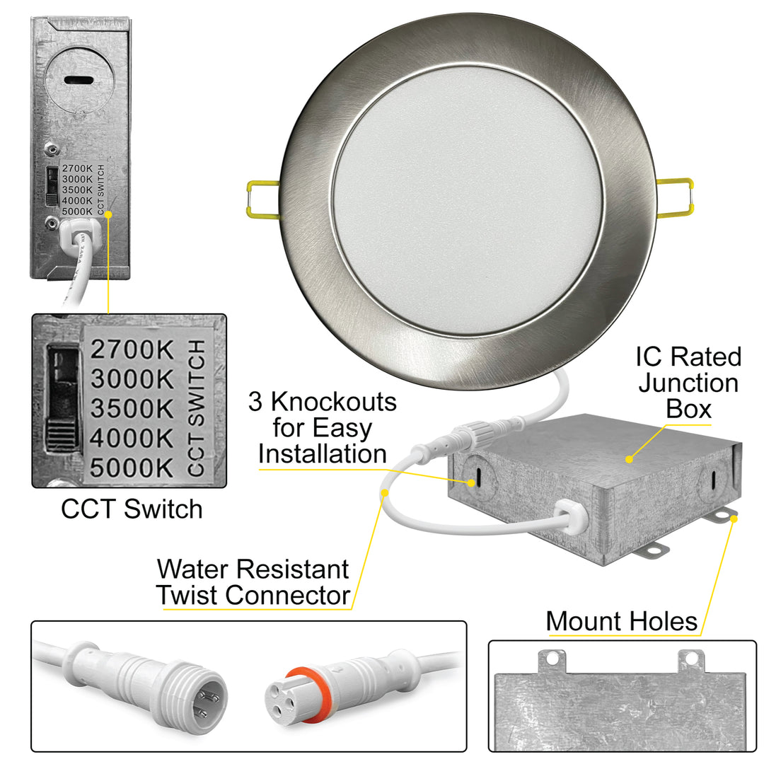 6" Inch Brushed Nickel Round Slim Recessed LED Ceiling Light - 5 Kelvin Temperatures (5CCT) - 15 Watt - 1050 Lumens - Dimmable | Slim Recessed Light | Nuwatt Lighting