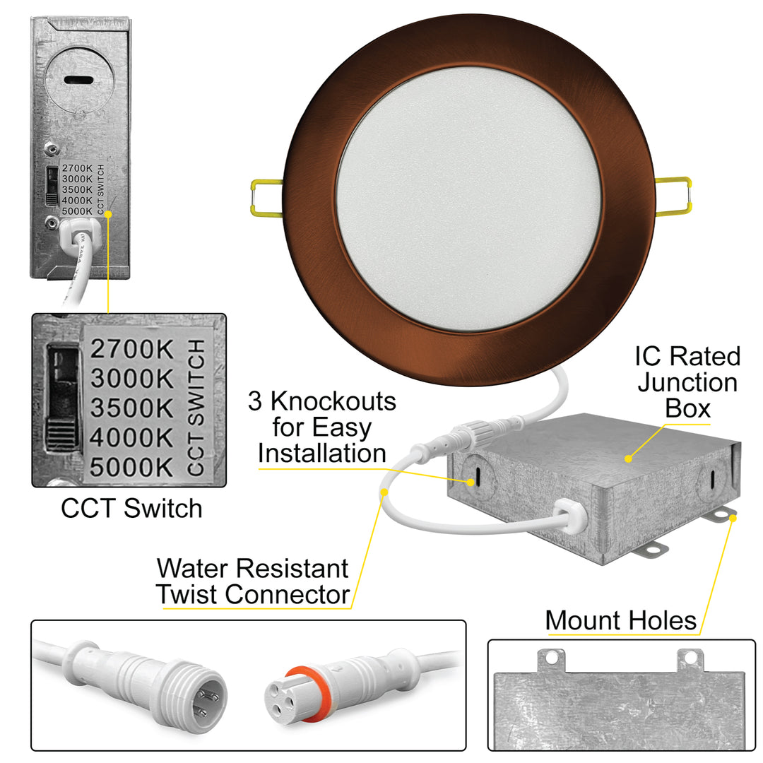 6" Inch Bronze Round Slim Recessed LED Ceiling Light - 5 Kelvin Temperatures (5CCT) - 15 Watt - 1050 Lumens - Dimmable | Slim Recessed Light | Nuwatt Lighting