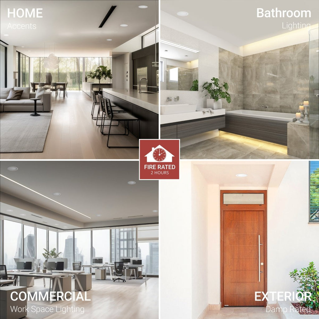 6" Inch 2 Hour Fire Rated Recessed Light Slim Canless LED Wafer Lights - Emergency Battery Back Up Installed - Wet Rated - 5CCT 2700K-5000K - 1200LM